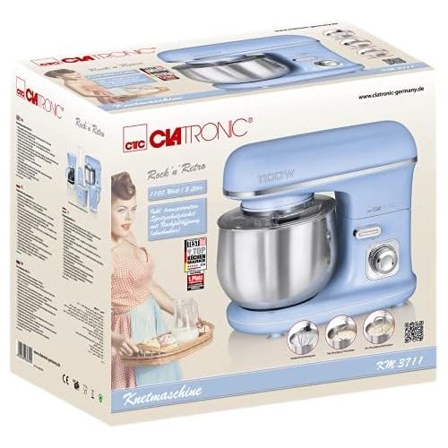  [아마존베스트]Clatronic RocknRetro KM 3711 Kneading Machine with Transparent Splash Guard Lid with Refill Opening and Pivoting Multifunctional Arm 1100 Watt 5 Litre, blue