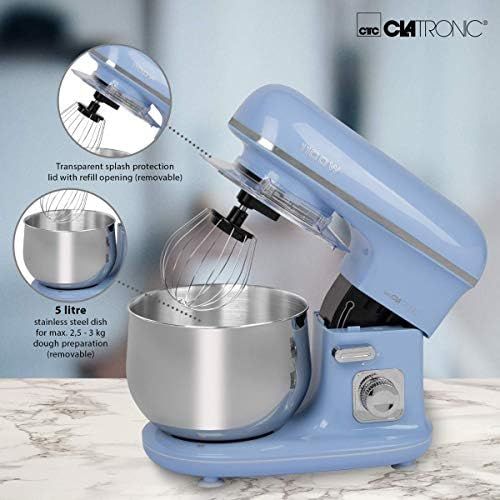  [아마존베스트]Clatronic RocknRetro KM 3711 Kneading Machine with Transparent Splash Guard Lid with Refill Opening and Pivoting Multifunctional Arm 1100 Watt 5 Litre, blue