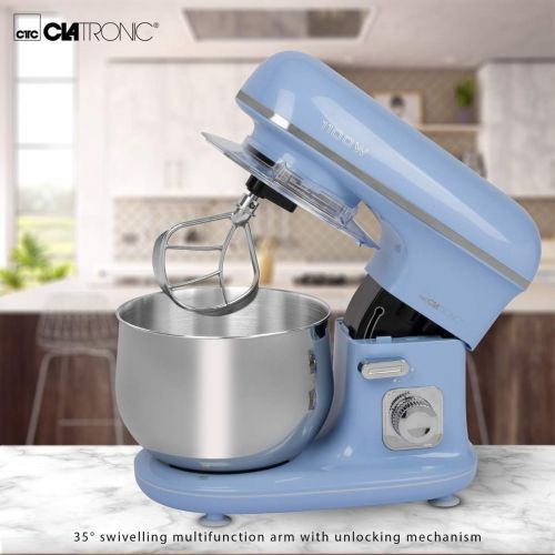  [아마존베스트]Clatronic RocknRetro KM 3711 Kneading Machine with Transparent Splash Guard Lid with Refill Opening and Pivoting Multifunctional Arm 1100 Watt 5 Litre, blue