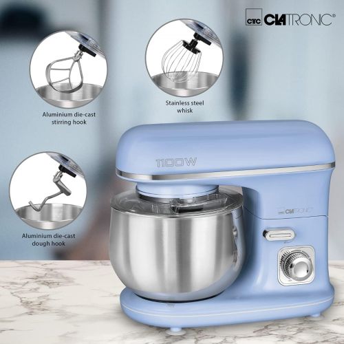  [아마존베스트]Clatronic RocknRetro KM 3711 Kneading Machine with Transparent Splash Guard Lid with Refill Opening and Pivoting Multifunctional Arm 1100 Watt 5 Litre, blue