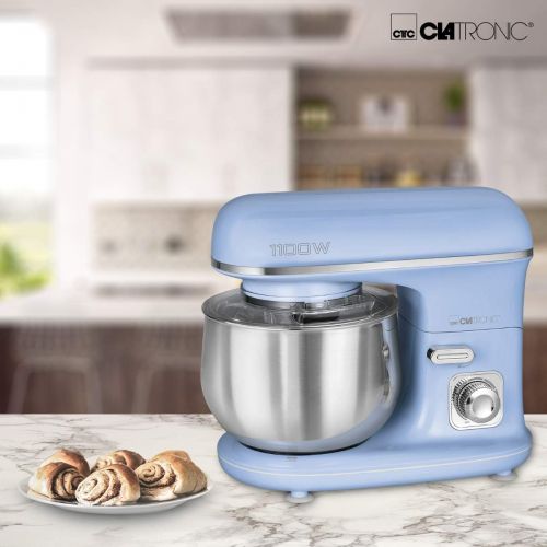  [아마존베스트]Clatronic RocknRetro KM 3711 Kneading Machine with Transparent Splash Guard Lid with Refill Opening and Pivoting Multifunctional Arm 1100 Watt 5 Litre, blue