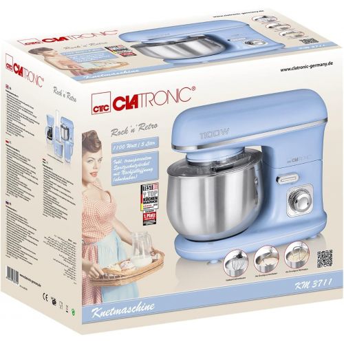  [아마존베스트]Clatronic RocknRetro KM 3711 Kneading Machine with Transparent Splash Guard Lid with Refill Opening and Pivoting Multifunctional Arm 1100 Watt 5 Litre, blue