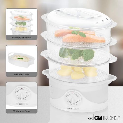  [아마존베스트]Clatronic DG 3665 Steamer Containers, Timer, Water Level Indicator, 800 Watt, White