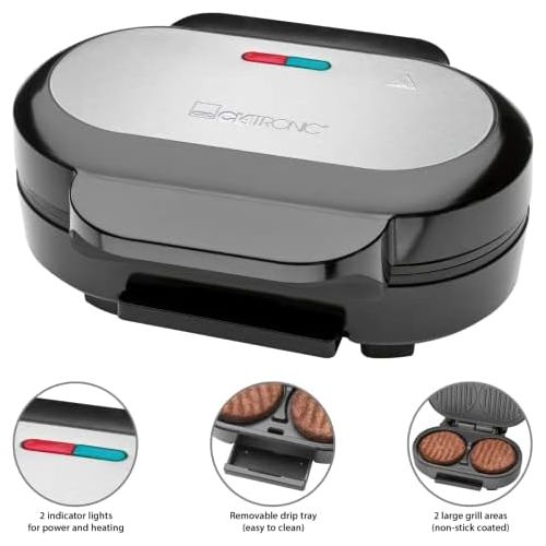  [아마존베스트]Clatronic HBM 3696 Hamburger Grill, 2 Large Grill Areas, 2 Indicator Lights, Removable Grease Catcher