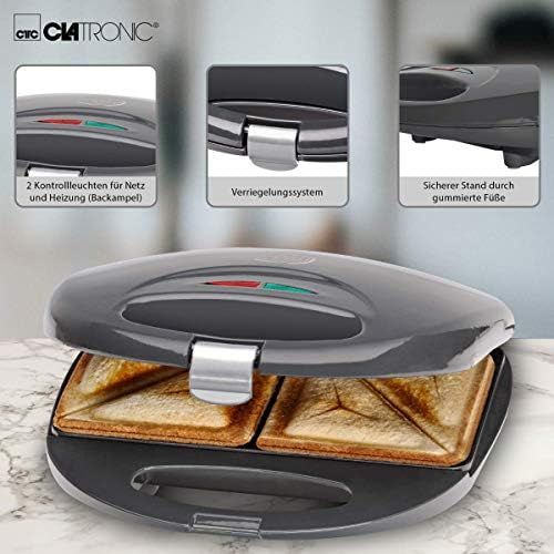  [아마존베스트]Clatronic ST 3477 Sandwich Toaster Triangular Sandwich Plates, Automatic Temperature Control with 2 Control Lights, Non-Stick Coating, Overheat Protection, grey
