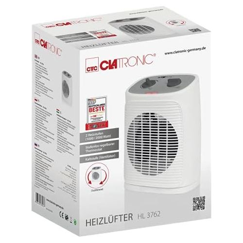  [아마존베스트]Clatronic HL 3762 Fan Heater, Mobile and Compact Fan Heater, 2 Heat Settings (1000/2000 W), Oscillating (can be switched off), Cold Level (Fan), White