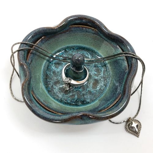  ClaybyStacia Ceramic flower ring holder, Teal pottery ring dish, Ring bowl with glass accent