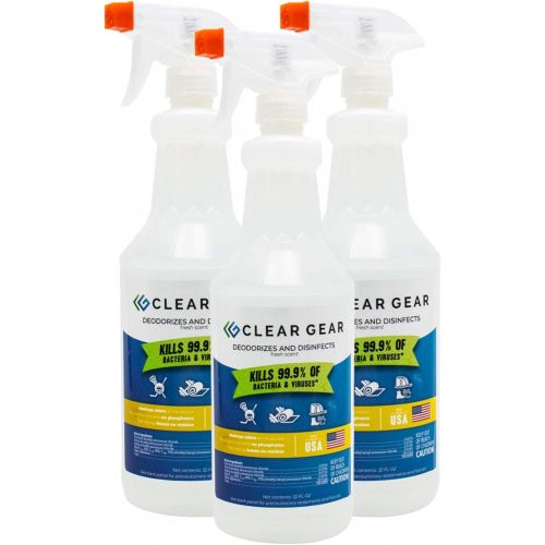  Clear Gear - Disinfectant, Cleaner, and Deodorizer For Sports Equipment, Gyms, and Fitness Centers - EPA-Registered, Hospital Grade, Made in USA - 3-Pack of 32 Oz Bottle Disinfecti