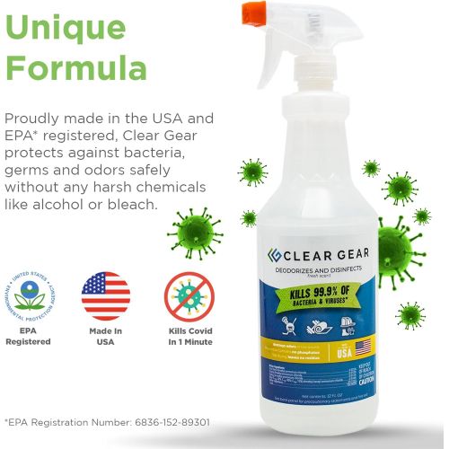  Clear Gear - Disinfectant, Cleaner, and Deodorizer For Sports Equipment, Gyms, and Fitness Centers - EPA-Registered, Hospital Grade, Made in USA - 3-Pack of 32 Oz Bottle Disinfecti