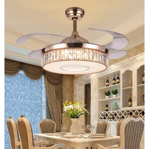  Clear lighting Dimmable Reversible Crystal Ceiling Fan Light with Remote Control Three-color Change Retractable Fan Ceiling Chandelier Lighting Rose Gold 42 inch