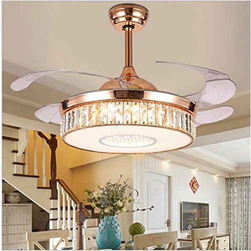  Clear lighting Dimmable Reversible Crystal Ceiling Fan Light with Remote Control Three-color Change Retractable Fan Ceiling Chandelier Lighting Rose Gold 42 inch