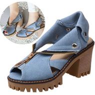 Clearance! Swiusd Womens Zip Clousure Cuffed Denim Sandals Non Slip High Heel Peep Toe Sandals Trendy Thick Platform Beach Shoes