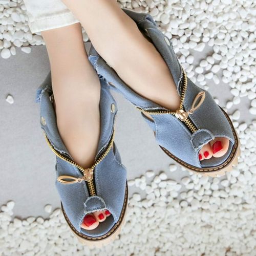  Clearance! Swiusd Womens Zip Clousure Cuffed Denim Sandals Non Slip High Heel Peep Toe Sandals Trendy Thick Platform Beach Shoes