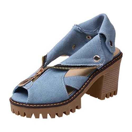  Clearance! Swiusd Womens Zip Clousure Cuffed Denim Sandals Non Slip High Heel Peep Toe Sandals Trendy Thick Platform Beach Shoes