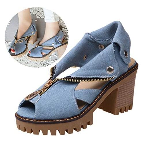  Clearance! Swiusd Womens Zip Clousure Cuffed Denim Sandals Non Slip High Heel Peep Toe Sandals Trendy Thick Platform Beach Shoes