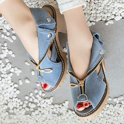  Clearance! Swiusd Womens Zip Clousure Cuffed Denim Sandals Non Slip High Heel Peep Toe Sandals Trendy Thick Platform Beach Shoes