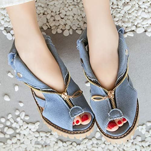  Clearance! Swiusd Womens Zip Clousure Cuffed Denim Sandals Non Slip High Heel Peep Toe Sandals Trendy Thick Platform Beach Shoes