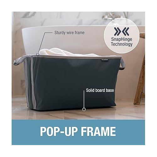  CleverMade Collapsible Laundry Baskets, Denim/Charcoal 2PK - 60L (16 Gal) Foldable Laundry Basket with Sturdy Pop-Up Wire Frame and Carry Handles - Space-Saving Collapsible Hamper