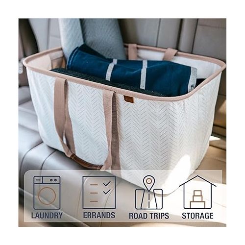  CleverMade Collapsible Laundry Tote, LUXE Mocha 2PK - 50L (13 Gal) Premium Cotton Blend Collapsible Laundry Baskets with Sturdy Pop-Up Wire Frame, Long Carry Handles and Vegan Leather Accents