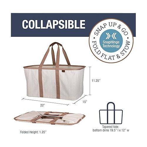  CleverMade Collapsible Laundry Tote, LUXE Cream Herringbone 2PK - 50L (13 Gal) Premium Cotton Blend Collapsible Laundry Baskets with Sturdy Pop-Up Wire Frame, Long Carry Handles, Vegan Leather Accents