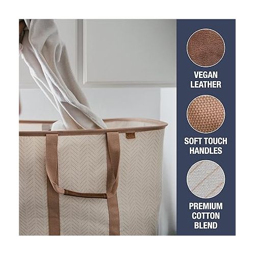  CleverMade Collapsible Laundry Tote, LUXE Cream Herringbone 2PK - 50L (13 Gal) Premium Cotton Blend Collapsible Laundry Baskets with Sturdy Pop-Up Wire Frame, Long Carry Handles, Vegan Leather Accents