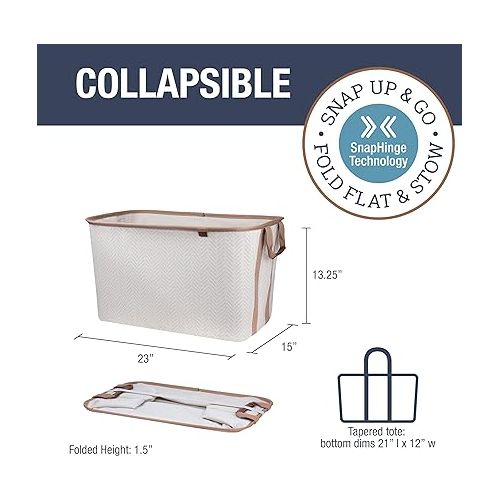  CleverMade Collapsible Laundry Baskets, LUXE Cream Herringbone 2PK - 60L (16 Gal) Foldable Laundry Basket with Sturdy Pop-Up Wire Frame - Premium Cotton Blend Collapsible Hamper with Vegan Leather