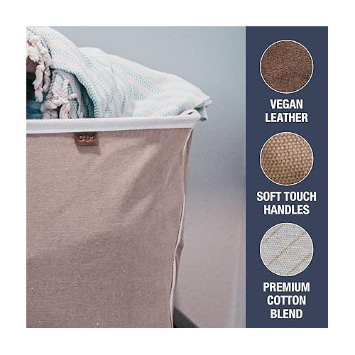  CleverMade Collapsible Laundry Baskets, LUXE Cream Herringbone 2PK - 60L (16 Gal) Foldable Laundry Basket with Sturdy Pop-Up Wire Frame - Premium Cotton Blend Collapsible Hamper with Vegan Leather