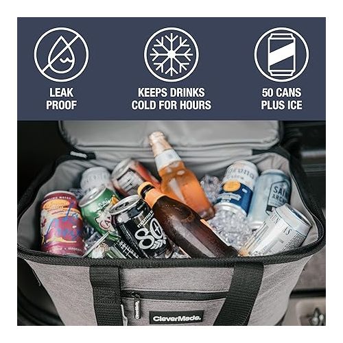  CleverMade Tahoe Collapsible Cooler Bag, 50 Can - Structured, Leakproof Coolers for Travel with Built-In Bottle Opener - Soft-Sided, Insulated Camping Cooler: Heathered Charcoal / Black