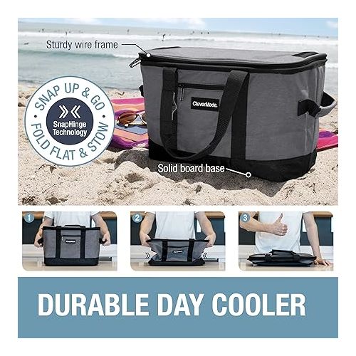  CleverMade Tahoe Collapsible Cooler Bag, 50 Can - Structured, Leakproof Coolers for Travel with Built-In Bottle Opener - Soft-Sided, Insulated Camping Cooler: Heathered Charcoal / Black