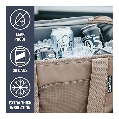  CleverMade Pacifica Collapsible Cooler Bag, 30 Can - Structured, Leakproof Coolers for Travel with Shoulder Strap & Bottle Opener - Soft-Sided, Insulated Camping Cooler: Midnight