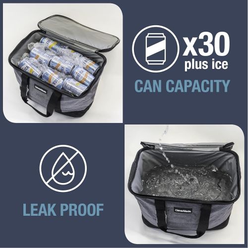  CleverMade Collapsible Cooler Bag with Shoulder Strap: Insulated Leakproof 30 Can Portable Soft Beverage Tote with Bottle Opener for Camping, Lunch, Beach, Picnic; Grey/Charcoal