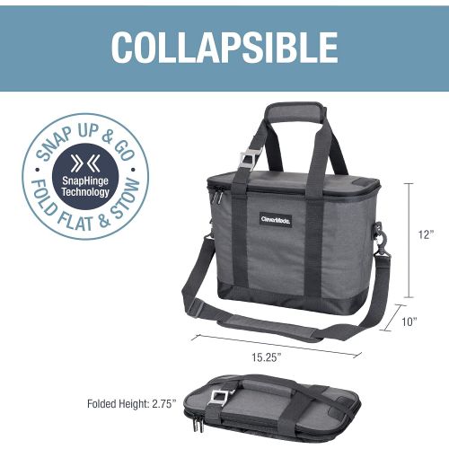  CleverMade Collapsible Cooler Bag with Shoulder Strap: Insulated Leakproof 30 Can Portable Soft Beverage Tote with Bottle Opener for Camping, Lunch, Beach, Picnic; Grey/Charcoal