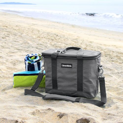  CleverMade Collapsible Cooler Bag with Shoulder Strap: Insulated Leakproof 30 Can Portable Soft Beverage Tote with Bottle Opener for Camping, Lunch, Beach, Picnic; Grey/Charcoal