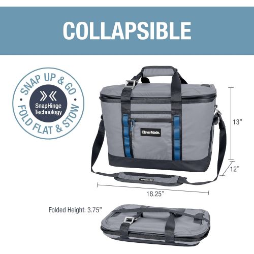  CleverMade Maverick Collapsible Cooler Bag - 50 Can Insulated Leakproof Soft Sided Beverage Tote with Shoulder Strap, Bottle Opener and Storage Pockets, Grey, Large, One Size