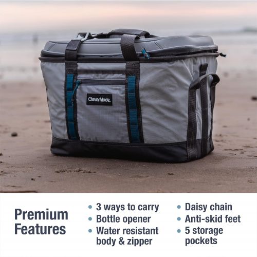  CleverMade Maverick Collapsible Cooler Bag - 50 Can Insulated Leakproof Soft Sided Beverage Tote with Shoulder Strap, Bottle Opener and Storage Pockets, Grey, Large, One Size