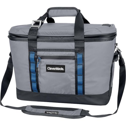  CleverMade Maverick Collapsible Cooler Bag - 50 Can Insulated Leakproof Soft Sided Beverage Tote with Shoulder Strap, Bottle Opener and Storage Pockets, Grey, Large, One Size