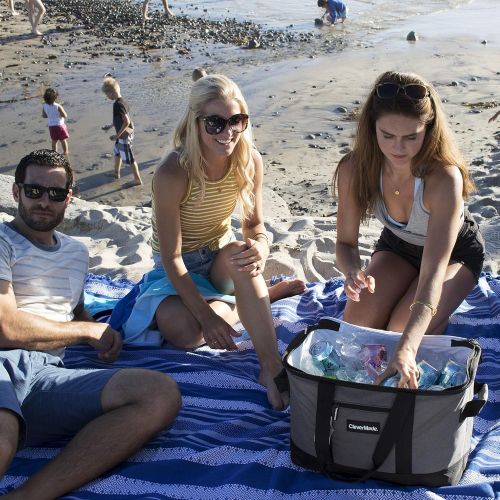  CleverMade Collapsible Cooler Bag: Insulated Leakproof 50 Can Soft Sided Portable Cooler Bag for Lunch, Grocery Shopping, Camping and Road Trips, Light Grey/Denim