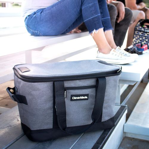  CleverMade Collapsible Cooler Bag: Insulated Leakproof 50 Can Soft Sided Portable Cooler Bag for Lunch, Grocery Shopping, Camping and Road Trips, Light Grey/Denim