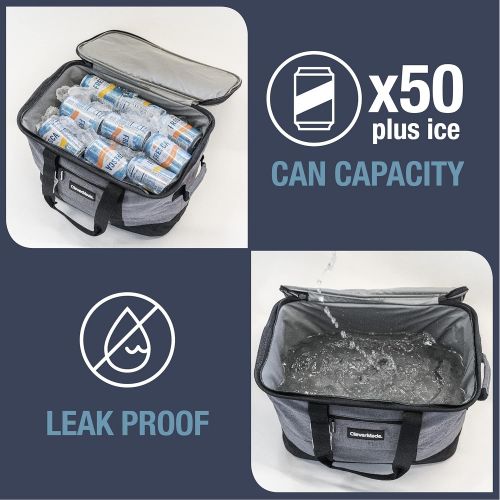  CleverMade Collapsible Cooler Bag: Insulated Leakproof 50 Can Soft Sided Portable Cooler Bag for Lunch, Grocery Shopping, Camping and Road Trips, Light Grey/Denim