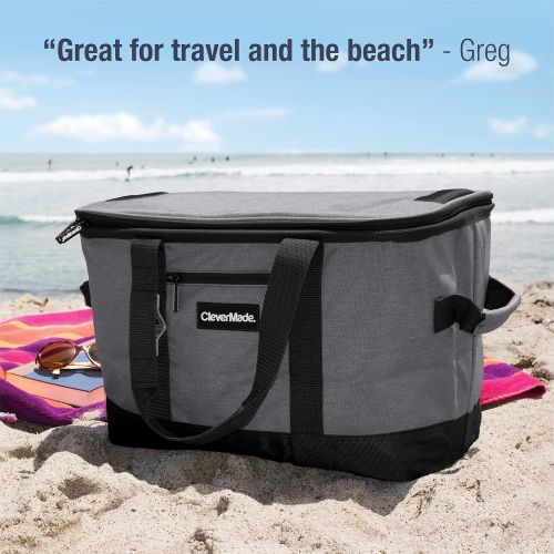  CleverMade Collapsible Cooler Bag: Insulated Leakproof 50 Can Soft Sided Portable Cooler Bag for Lunch, Grocery Shopping, Camping and Road Trips, Light Grey/Denim