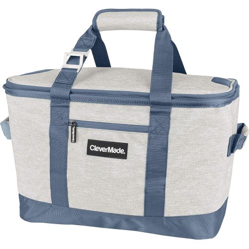  CleverMade Collapsible Cooler Bag: Insulated Leakproof 50 Can Soft Sided Portable Cooler Bag for Lunch, Grocery Shopping, Camping and Road Trips, Light Grey/Denim