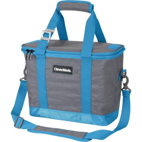  CleverMade Collapsible Cooler Bag with Shoulder Strap: Insulated Leakproof 30 Can Portable Soft Beverage Tote with Bottle Opener for Camping, Lunch, Beach, Picnic; Grey/Blue, 20L