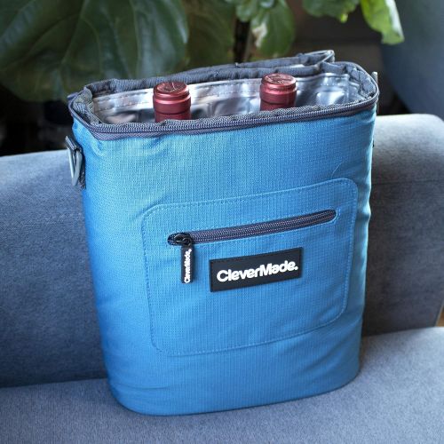  CleverMade Wine Bottle and 6 Pack Cooler Bag; Insulated Leakproof Tote with Removable Ice Pack and Corkscrew Bottle Opener, Teal