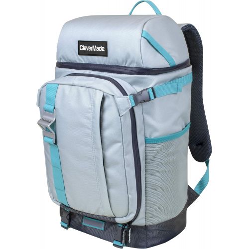  CleverMade Cardiff Backpack Cooler Bag - Insulated 24 Can Soft Leakproof Cooler with Bottle Opener, Dry Storage Compartments and Mesh Side Pockets, Grey