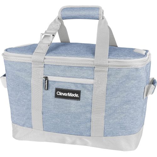  CleverMade Collapsible Cooler Bag: Insulated Leakproof 50 Can Soft Sided Portable Cooler Bag for Lunch, Grocery Shopping, Camping and Road Trips, Steel Blue/Cream