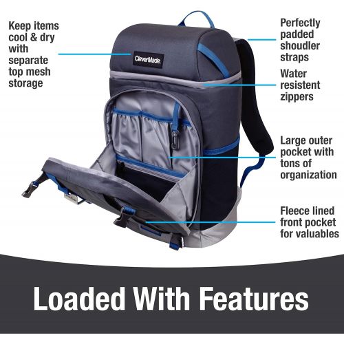  CleverMade Cardiff Backpack Cooler Bag - Insulated 24 Can Soft Leakproof Cooler with Bottle Opener, Dry Storage Compartments and Mesh Side Pockets, Navy
