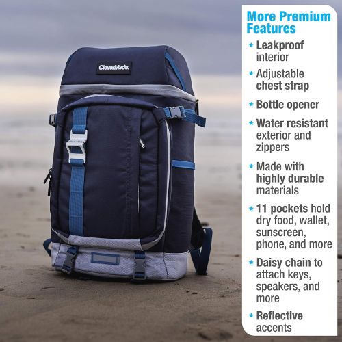  CleverMade Cardiff Backpack Cooler Bag - Insulated 24 Can Soft Leakproof Cooler with Bottle Opener, Dry Storage Compartments and Mesh Side Pockets, Navy