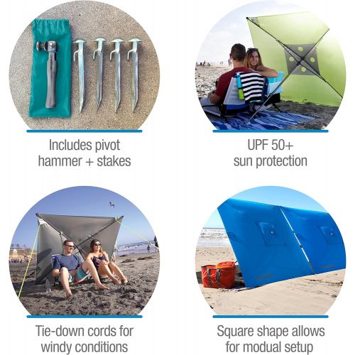  CleverMade QuadraBrella - Portable 5 Outdoor Beach Umbrella For Sun Shade and Wind Protection - Includes Carry Bag, Pivot Hammer and Ground Stakes, Grey