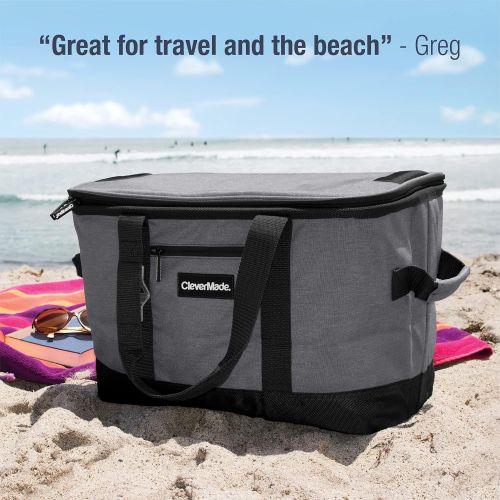  CleverMade Collapsible Cooler Bag: Insulated Leakproof 50 Can Soft Sided Portable Cooler Bag for Lunch, Grocery Shopping, Camping and Road Trips, Heather Grey/Black
