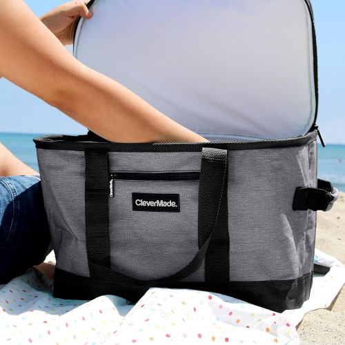  CleverMade Collapsible Cooler Bag: Insulated Leakproof 50 Can Soft Sided Portable Cooler Bag for Lunch, Grocery Shopping, Camping and Road Trips, Heather Grey/Black